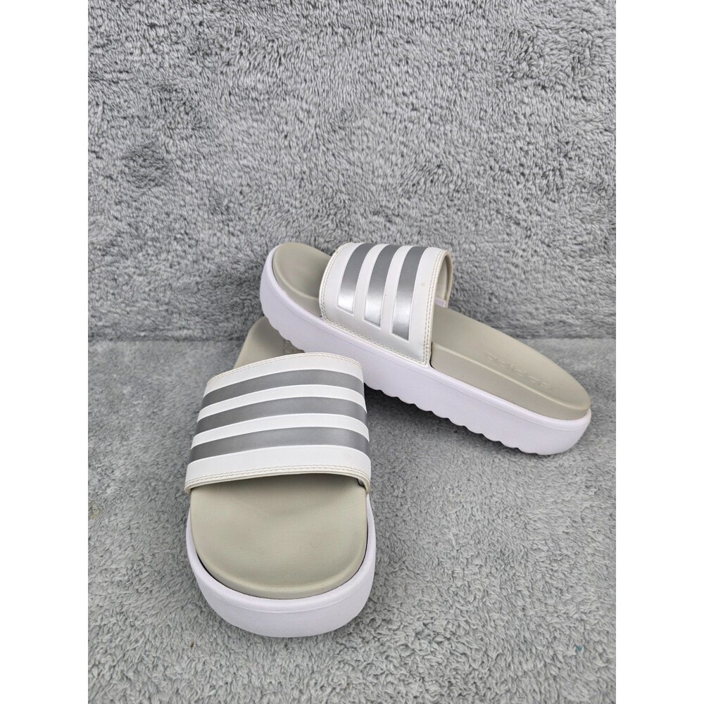 Adidas Slides Platform Sandals Adilette Womens Size 11 White Silver Comfort Foam